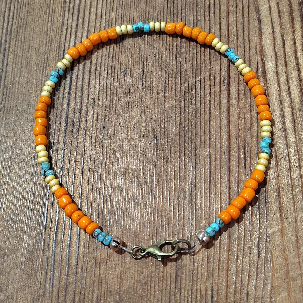 Orange and Turquoise Beaded Bracelet, Handmade Men's Bracelet 9 Inches Long - Picture 5 of 6